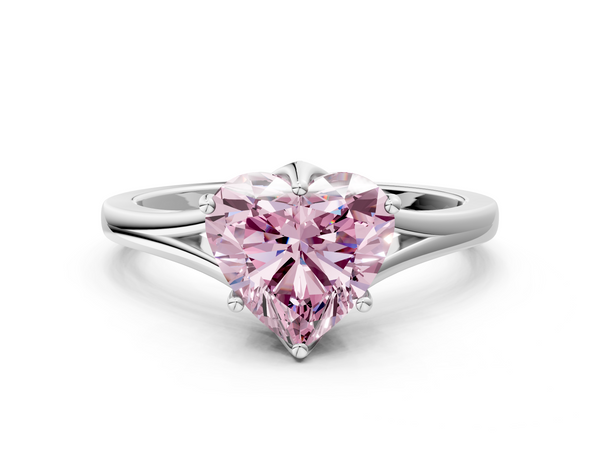 Platinum Fancy Pink Heart  Solitaire Diamond Ring with Six-Prong Setting and Tapered Band