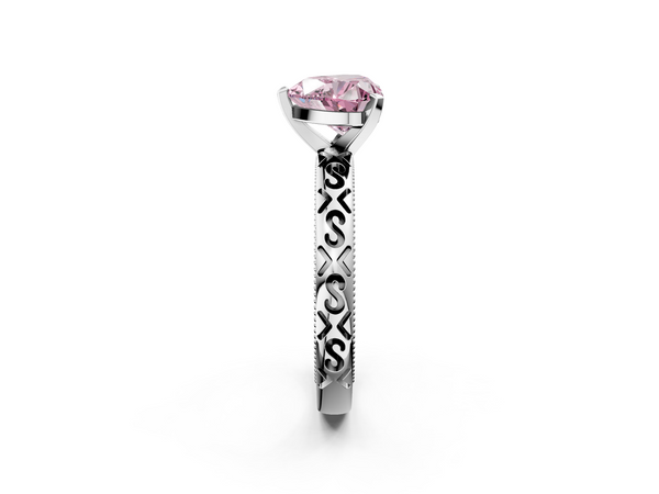 White gold Fancy Pink Heart  Solitaire Engagement Ring with Scrollwork Band and Four-Prong Setting