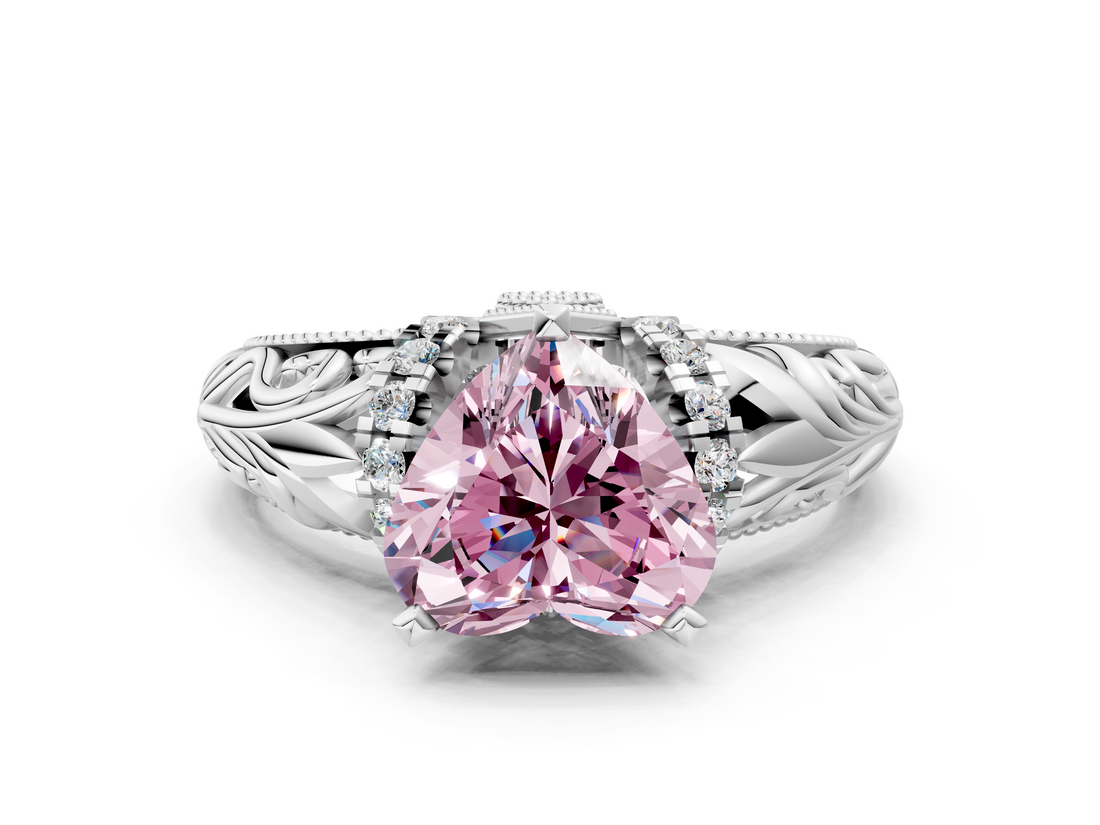White gold Fancy Pink Heart  Solitaire Filigree Engagement Ring with Halo and Prong Setting_57