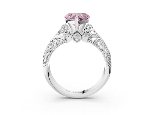 Platinum Fancy Pink Heart  Solitaire Filigree Engagement Ring with Halo and Prong Setting
