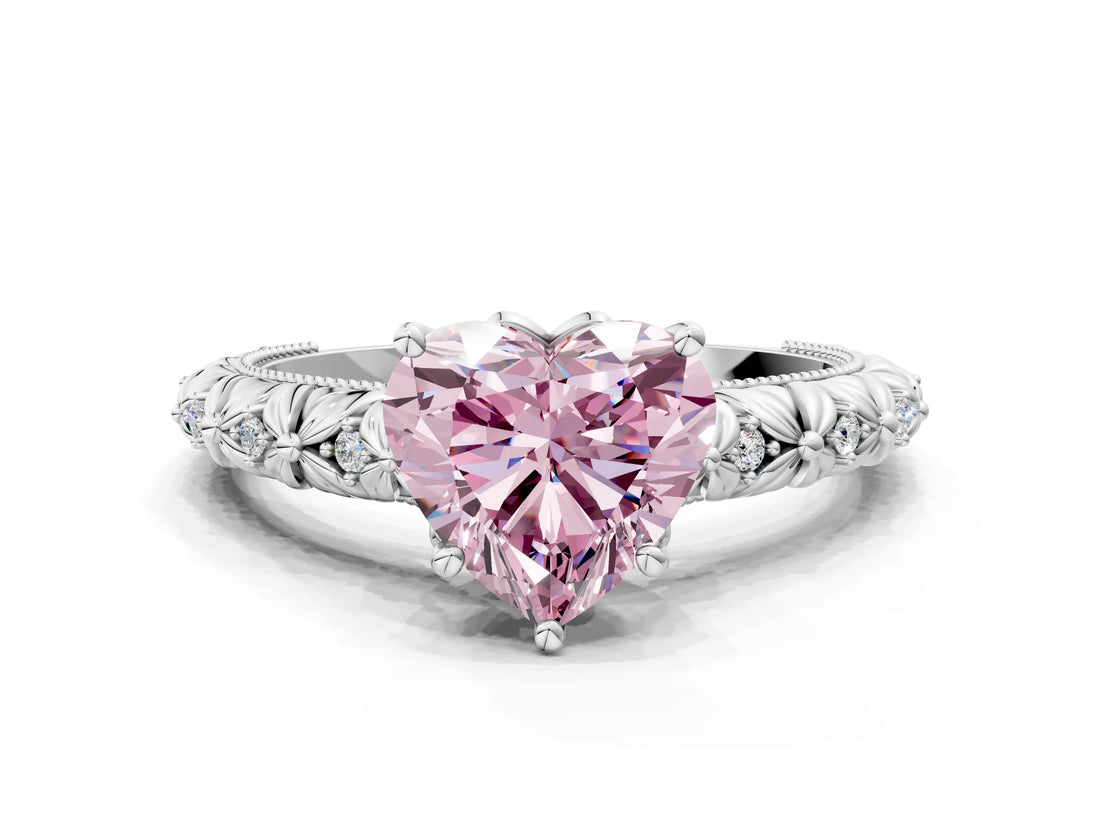White gold Fancy Pink Heart  Solitaire Floral Milgrain Engagement Ring_31
