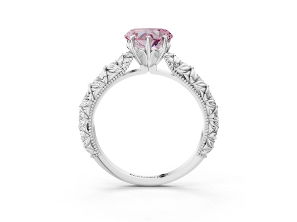 Silver Fancy Pink Heart  Solitaire Floral Milgrain Engagement Ring