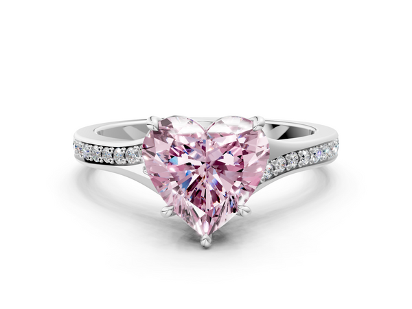 Platinum Fancy Pink Heart Cut Diamond Solitaire Ring with Pavé Band and Prong Setting