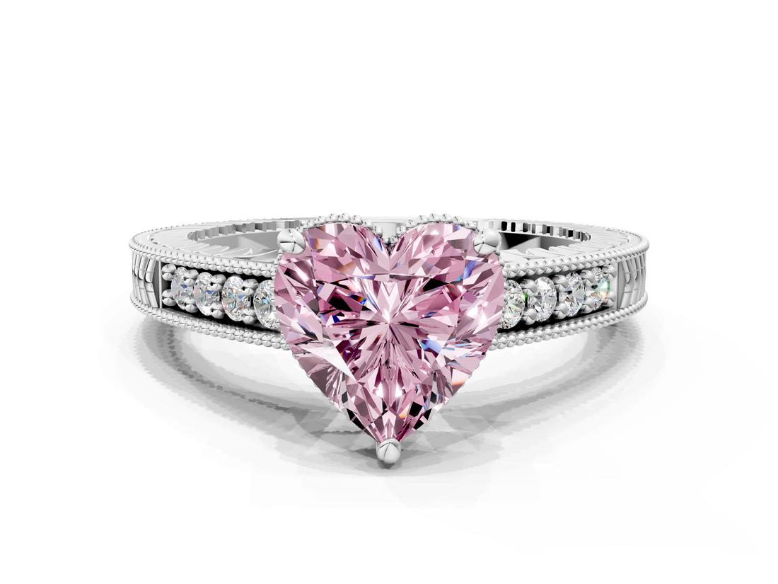White gold Fancy Pink Heart  Solitaire Pavé Diamond Milgrain Engagement Ring with Four-Prong Setting_3