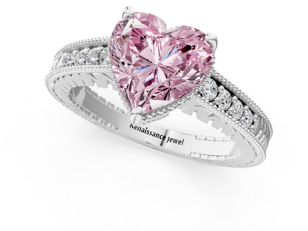White gold Fancy Pink Heart  Solitaire Pavé Diamond Milgrain Engagement Ring with Four-Prong Setting