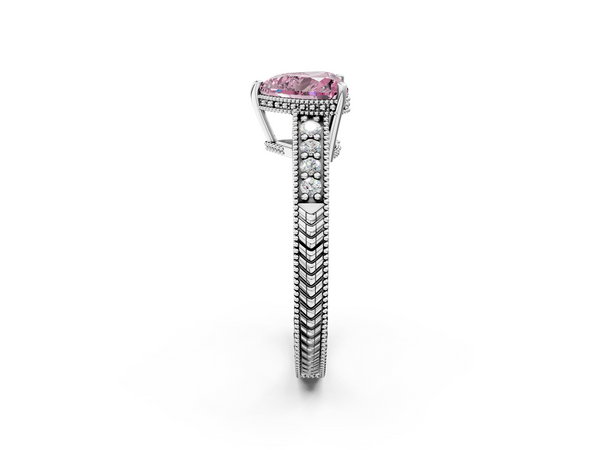 White gold Fancy Pink Heart  Solitaire Pavé Diamond Milgrain Engagement Ring with Four-Prong Setting