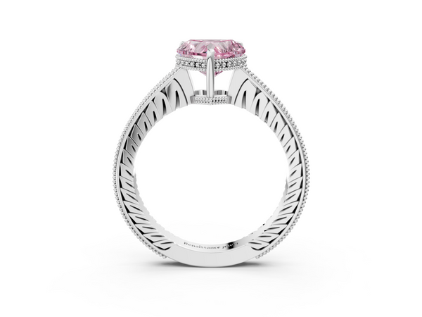 White gold Fancy Pink Heart  Solitaire Pavé Diamond Milgrain Engagement Ring with Four-Prong Setting