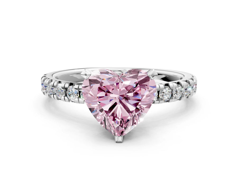 White gold Fancy Pink Heart  Solitaire Pave Diamond Engagement Ring with Four-Prong Setting