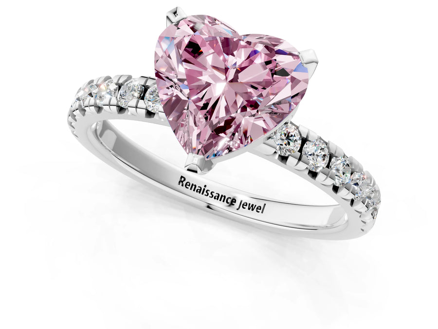 White gold Fancy Pink Heart  Solitaire Pave Diamond Engagement Ring with Four-Prong Setting
