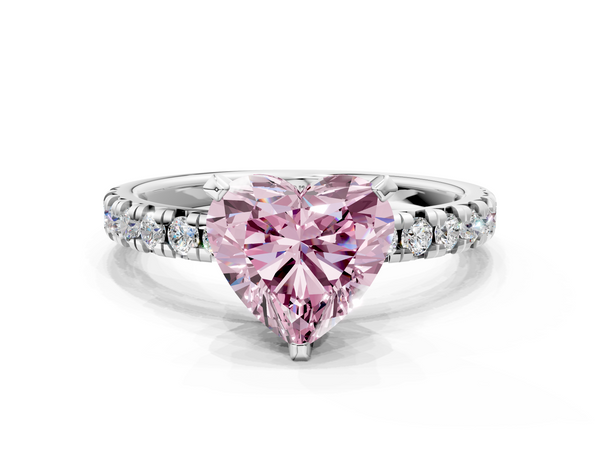 White gold Fancy Pink Heart  Solitaire Pave Diamond Engagement Ring with Four-Prong Setting