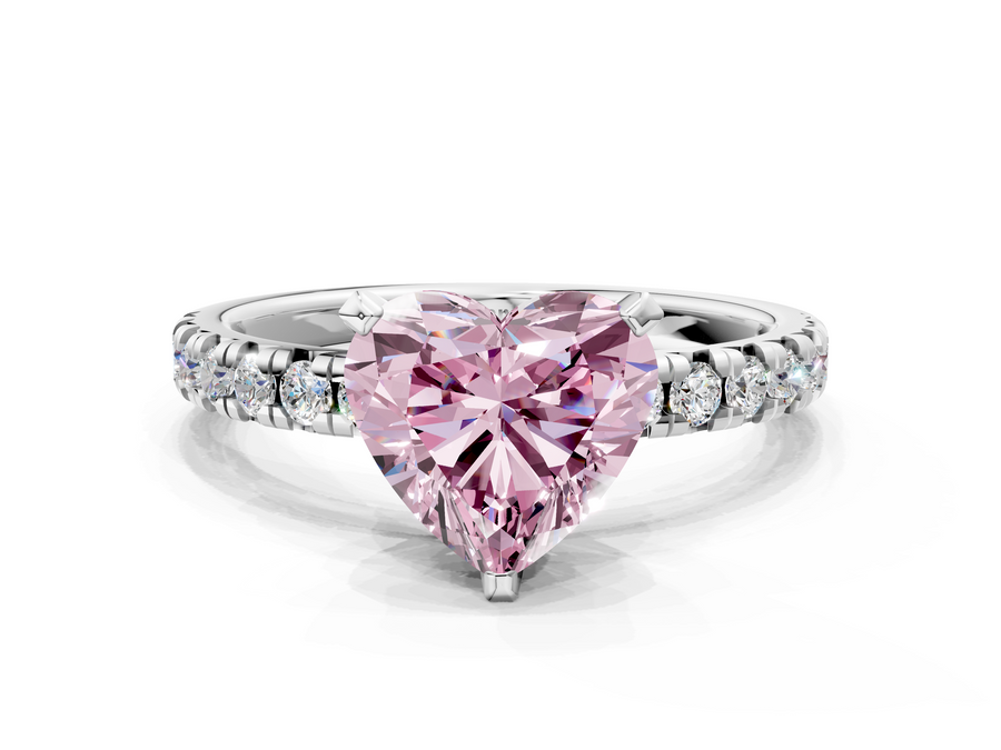 White gold Fancy Pink Heart  Solitaire Pave Diamond Engagement Ring with Four-Prong Setting