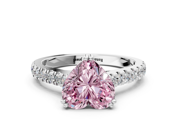 White gold Fancy Pink Heart  Solitaire Pave Diamond Engagement Ring with Prong Setting