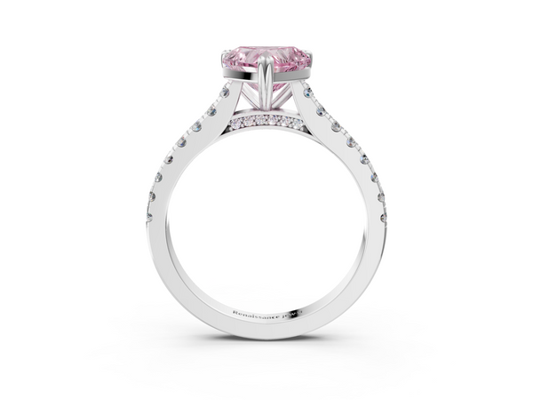 White gold Fancy Pink Heart  Solitaire Pave Diamond Engagement Ring with Prong Setting