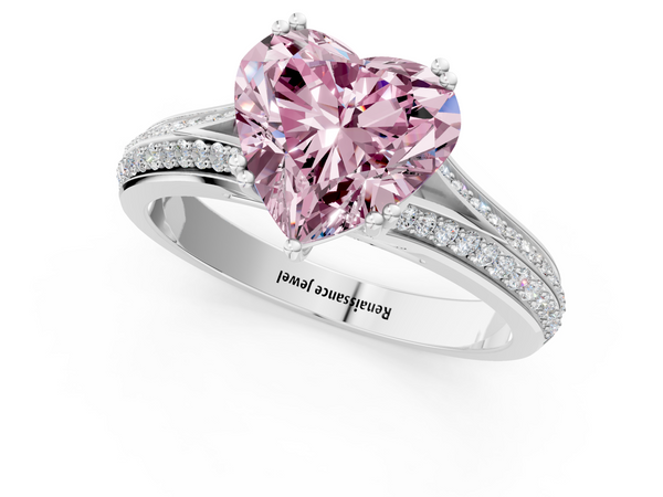 White gold Fancy Pink Heart Cut Diamond Split Shank Engagement Ring with Pavé Band