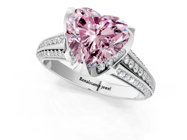 White gold Fancy Pink Heart  Solitaire Pave Split Shank Ring with Four-Prong Setting