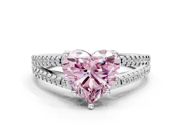 Platinum Fancy Pink Heart Cut Diamond Solitaire Engagement Ring with Split Shank Pavé Band