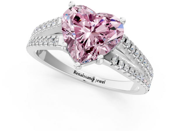 Platinum Fancy Pink Heart Cut Diamond Solitaire Engagement Ring with Split Shank Pavé Band