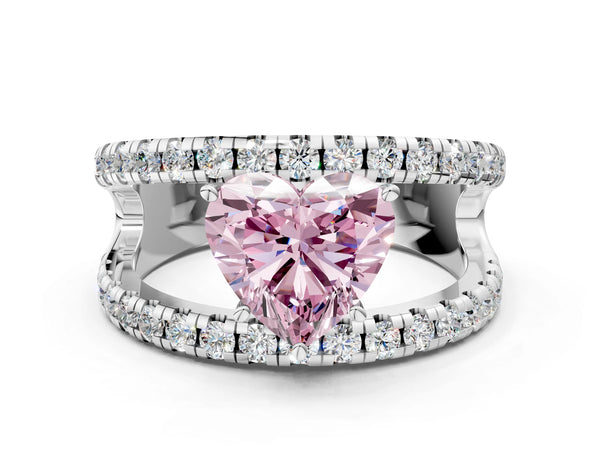 White gold Fancy Pink Heart  Solitaire Split Shank Pave Diamond Ring