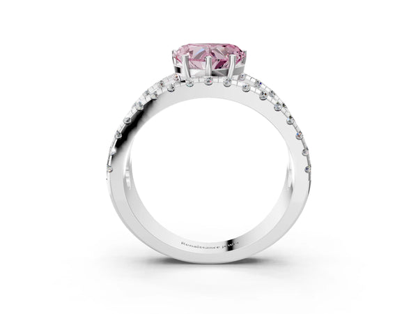 White gold Fancy Pink Heart  Solitaire Split Shank Pave Diamond Ring