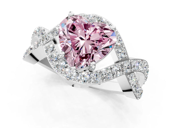 Platinum Fancy Pink Heart  Solitaire Twist Band Pavé Diamond Engagement Ring