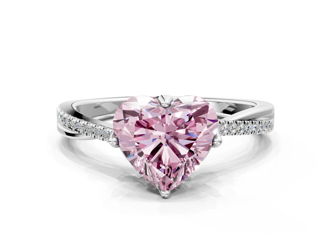 White gold Fancy Pink Heart  Solitaire Twist Band with Pavé Diamonds and Four-Prong Setting_63