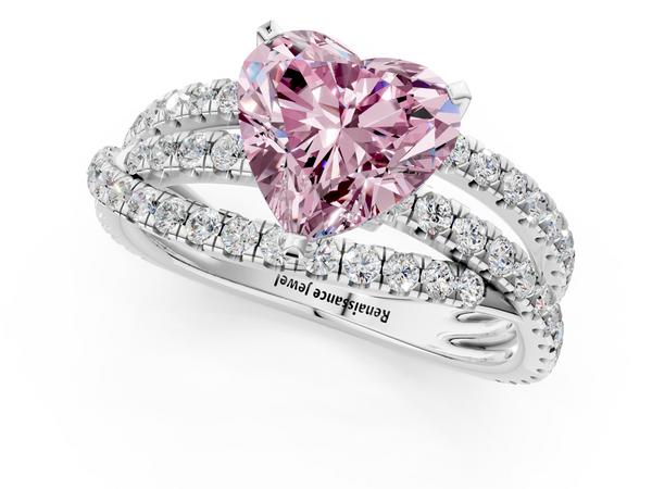Platinum Fancy Pink Heart  Solitaire Twist Band with Pavé Setting and Four-Prong Setting