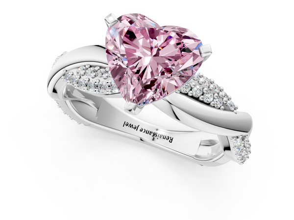 Platinum Fancy Pink Heart  Solitaire Twist Band with Pave Prong Setting