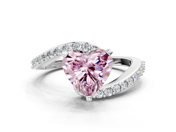White gold Fancy Pink Heart  Solitaire Twist Band with Pave Set Diamonds and Four-Prong Setting