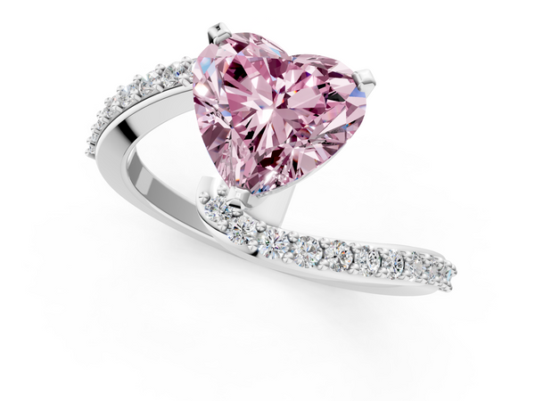 White gold Fancy Pink Heart  Solitaire Twist Band with Pave Set Diamonds and Four-Prong Setting