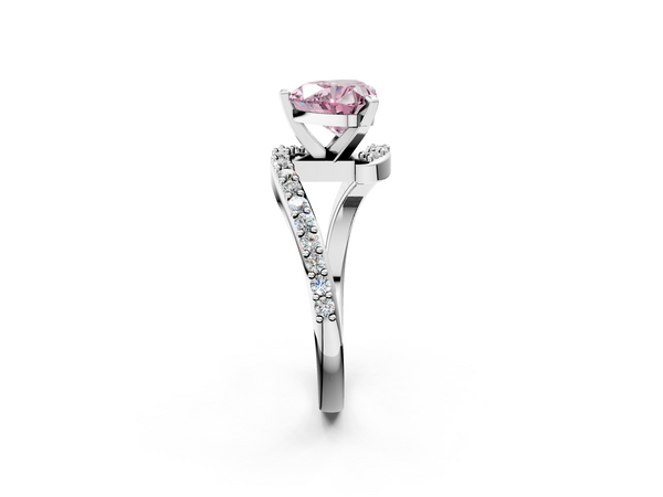 White gold Fancy Pink Heart  Solitaire Twist Band with Pave Set Diamonds and Four-Prong Setting