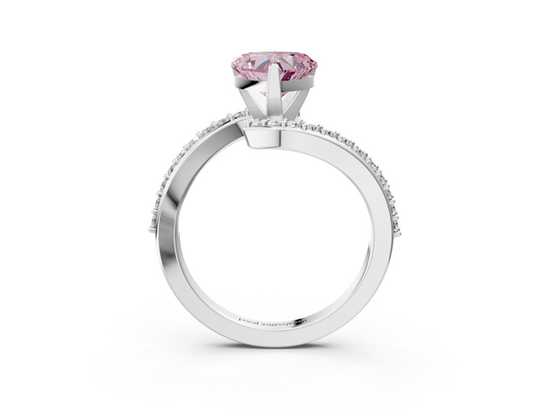 White gold Fancy Pink Heart  Solitaire Twist Band with Pave Set Diamonds and Four-Prong Setting