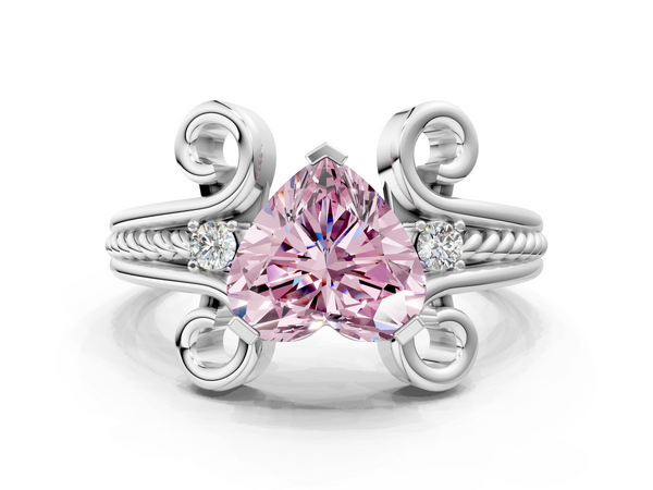 Platinum Fancy Pink Heart  Solitaire Twisted Band Scroll Prong Ring