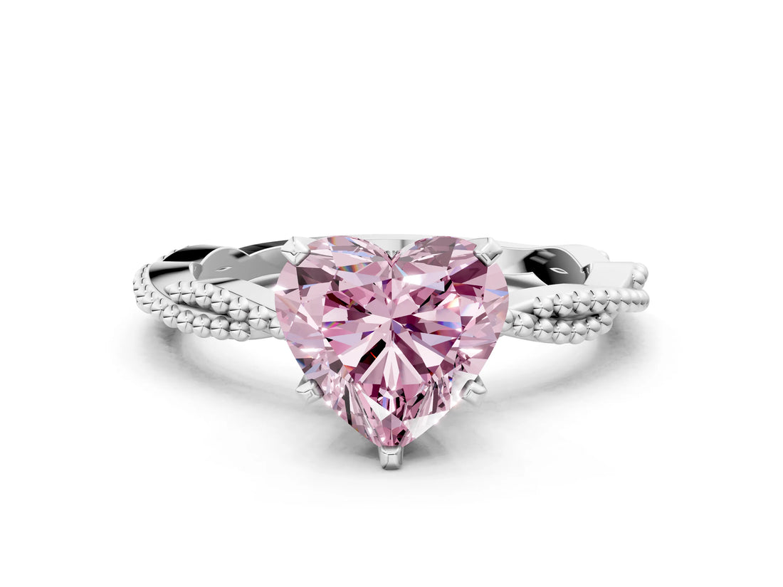White gold Fancy Pink Heart  Solitaire Twisted Band with Bead Prong Setting_291