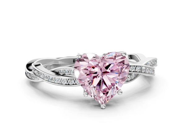 White gold Fancy Pink Heart  Solitaire Twisted Pave Diamond Ring with Four-Prong Setting