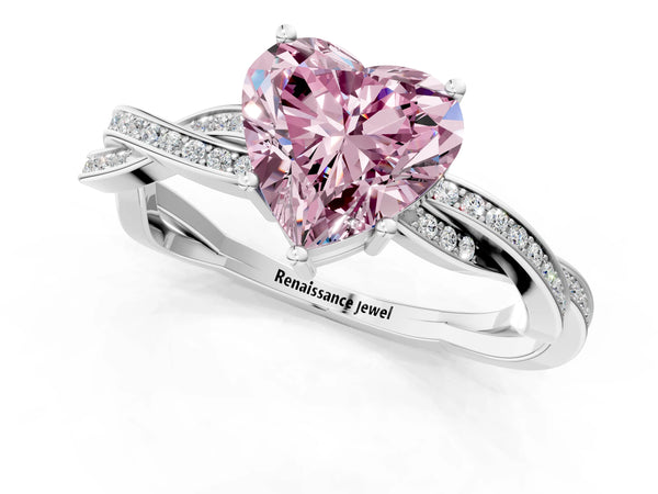 White gold Fancy Pink Heart  Solitaire Twisted Pave Diamond Ring with Four-Prong Setting
