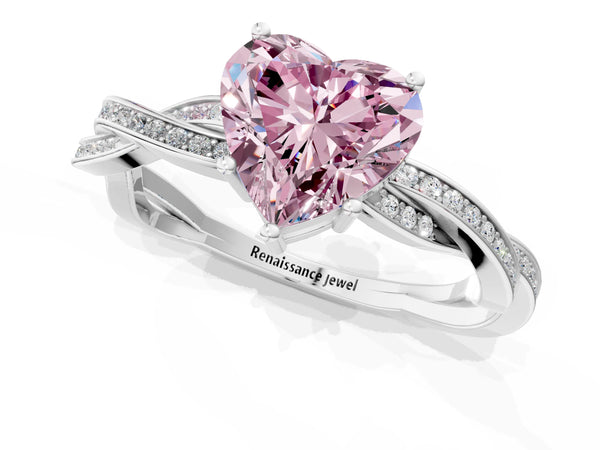 White gold Fancy Pink Heart  Solitaire Twisted Pave Diamond Ring with Four-Prong Setting