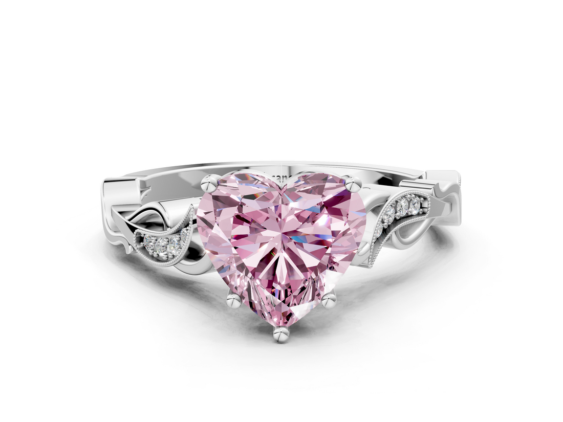 White gold Fancy Pink Heart  Solitaire Vine Band with Milgrain Prong Setting_3