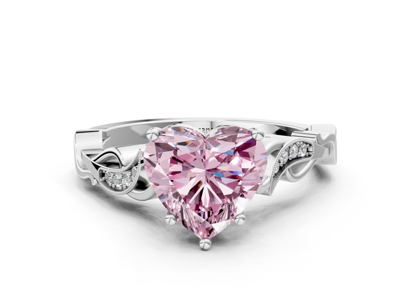 White gold Fancy Pink Heart  Solitaire Vine Band with Milgrain Prong Setting
