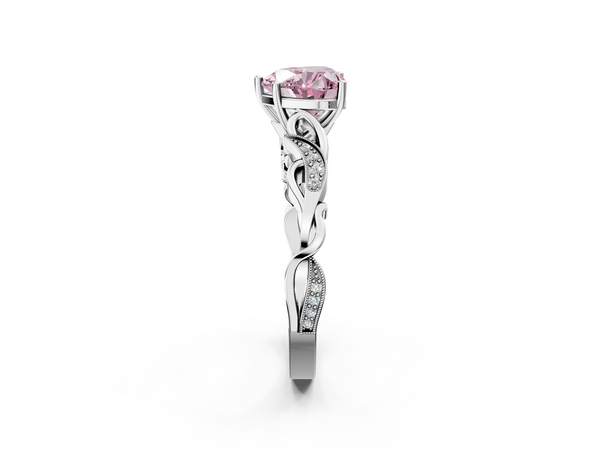 White gold Fancy Pink Heart  Solitaire Vine Band with Milgrain Prong Setting