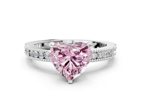 White gold Fancy Pink Heart  Solitaire with Pavé Band and Four-Prong Setting