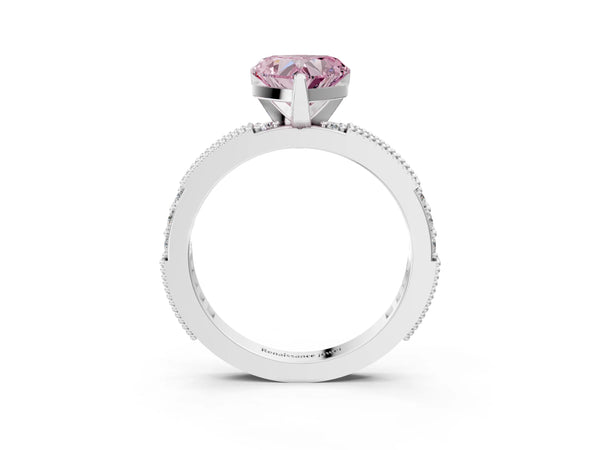 White gold Fancy Pink Heart  Solitaire with Pavé Band and Four-Prong Setting