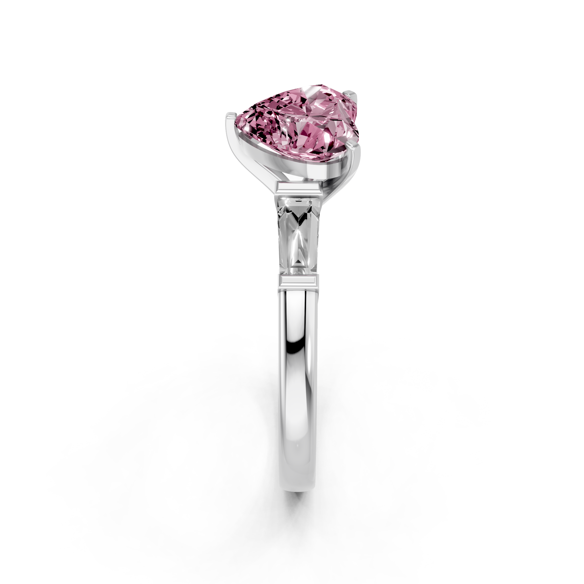 White gold Fancy Pink Heart  Solitaire with Tapered Baguette Side Stones on a Classic Band with Four-Prong Setting_1