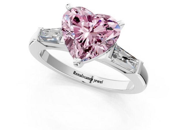 White gold Fancy Pink Heart  Solitaire with Tapered Baguette Side Stones on a Classic Band with Four-Prong Setting