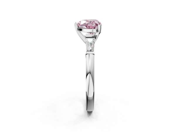 White gold Fancy Pink Heart  Solitaire with Tapered Baguette Side Stones on a Classic Band with Four-Prong Setting