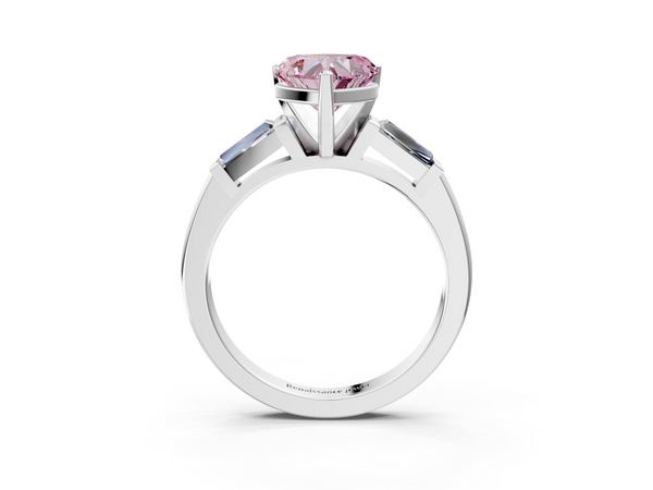 White gold Fancy Pink Heart  Solitaire with Tapered Baguette Side Stones on a Classic Band with Four-Prong Setting