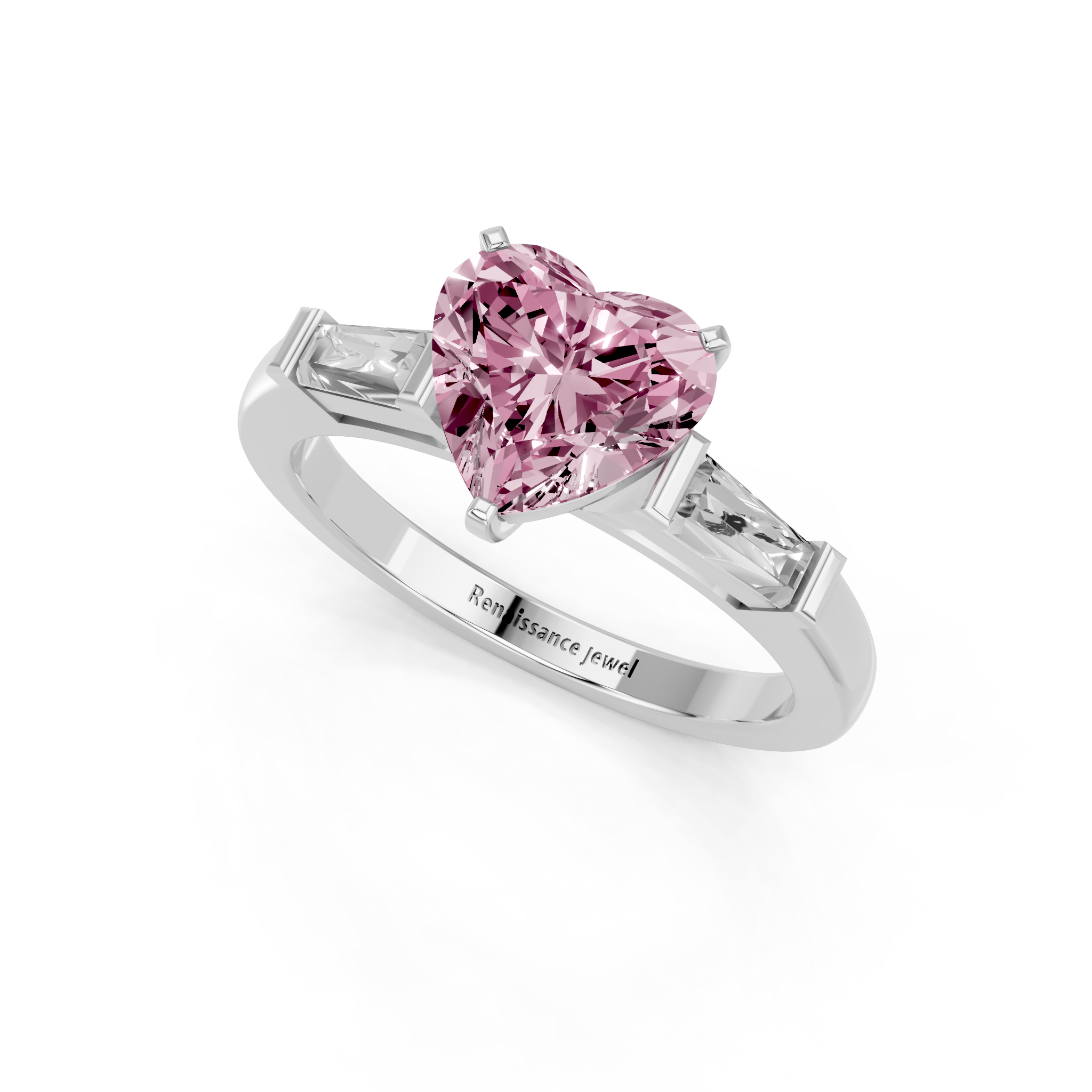 White gold Fancy Pink Heart  Solitaire with Tapered Baguette Side Stones on a Classic Band with Four-Prong Setting