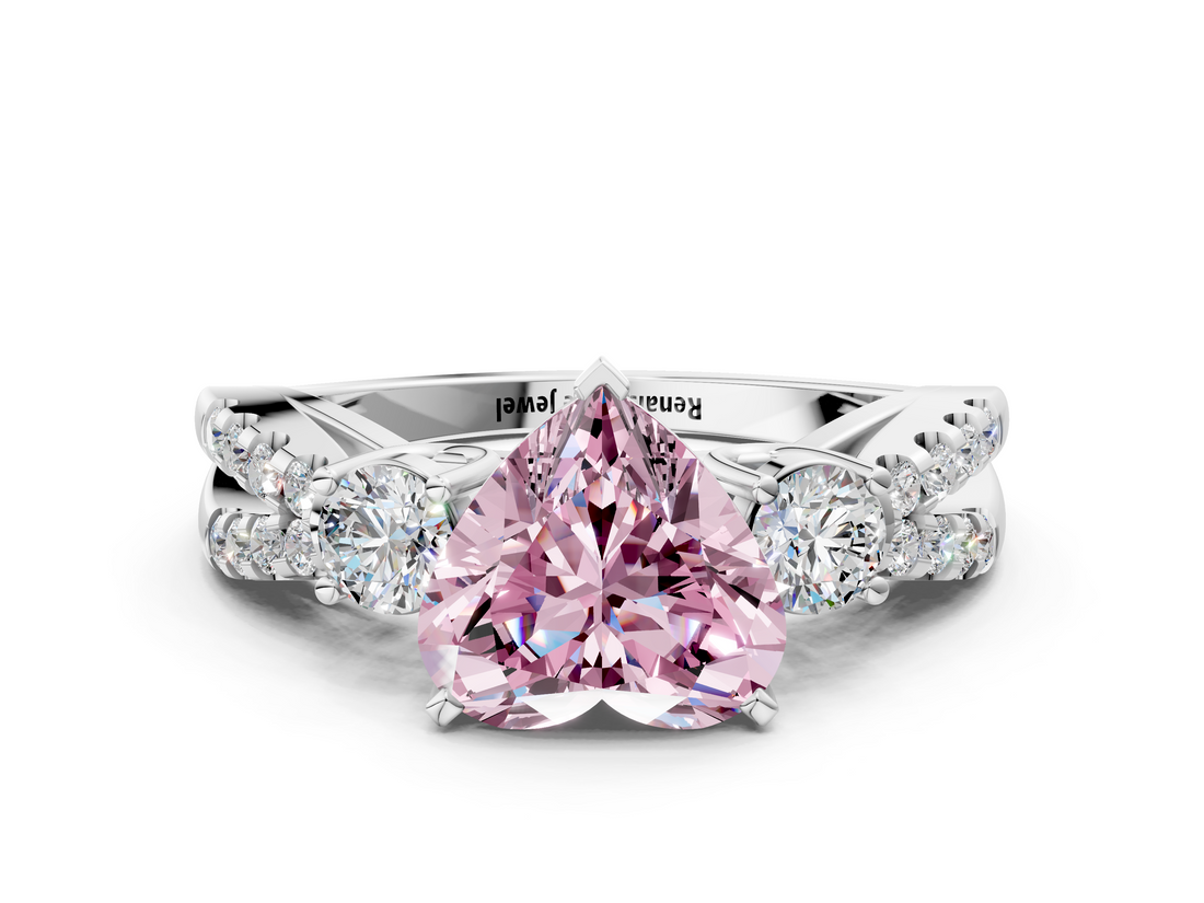 White gold Fancy Pink Heart  Three-Stone Diamond Ring with Pavé Split Shank and Four-Prong Setting_76