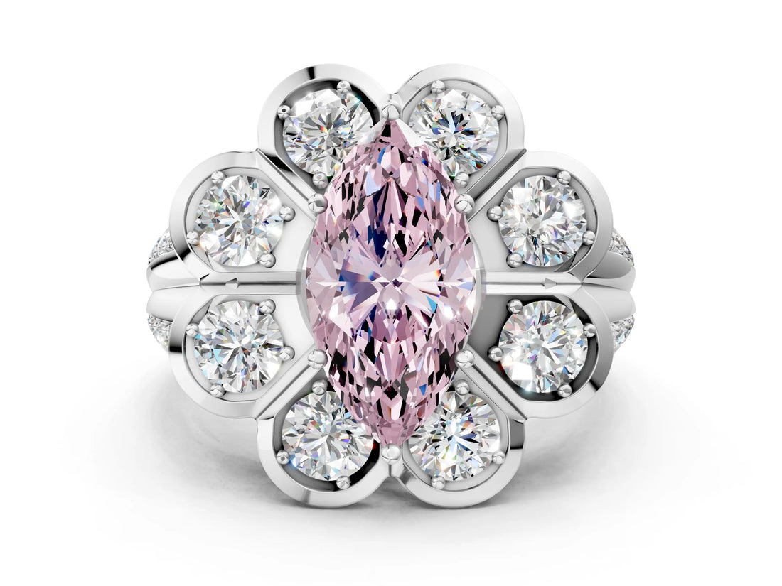 White gold Fancy Pink Marquise  Brilliant Flower Halo Diamond Split Shank Ring_87