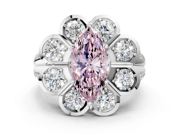 White gold Fancy Pink Marquise  Brilliant Flower Halo Diamond Split Shank Ring