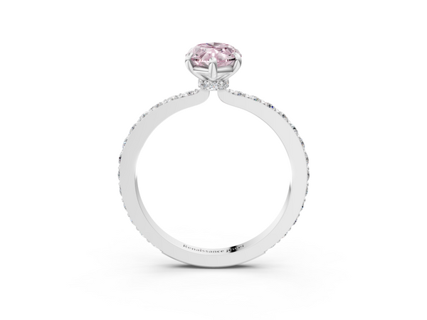 White Gold Marquise Hidden Halo Solitaire Engagement Ring Setting for Fancy Pink Center with Pave Band and Prong Head